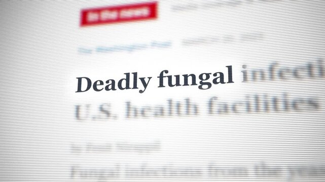 Close-Up Focused on Words Deadly Fungus in Headline Symbolizing Medical Outbreak, Health Risk, Candida Auris, Hospital Infection, and Science News Concept