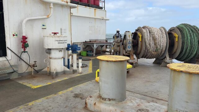 ship aft mooring station. crew walk.