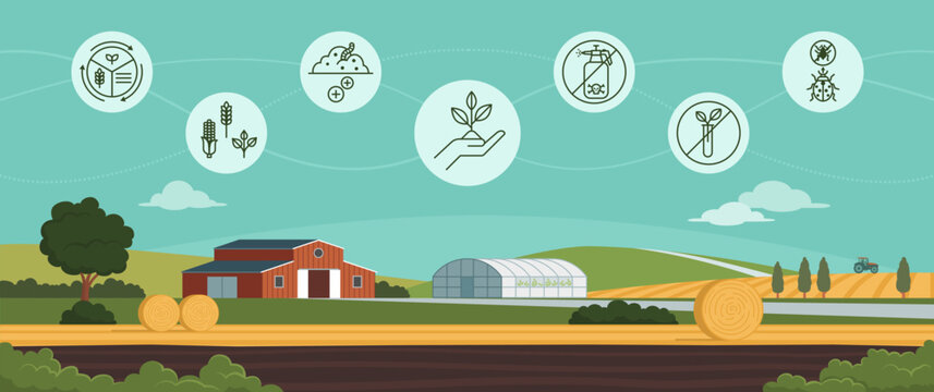 Organic farming icons and traditional farm