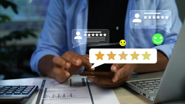 Businessperson using a smartphone with hologram star ratings and customer review icons at a desk with laptop, calculator and financial documents, Holographic customer rating and feedback on smartphone