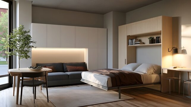 Modern minimalist bedroom with built in storage  floating bed  and integrated lighting under a sleek wall unit