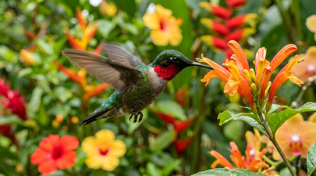  "Hummingbird hovering near a vibrant flower, long beak inserting into bloom, iridescent feathers, fast wing motion, tropical garden."
