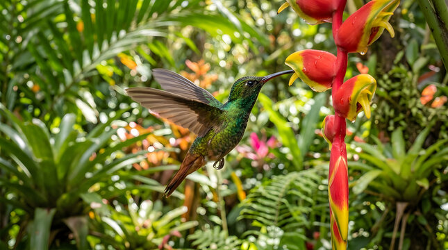  "Hummingbird hovering near a vibrant flower, long beak inserting into bloom, iridescent feathers, fast wing motion, tropical garden."