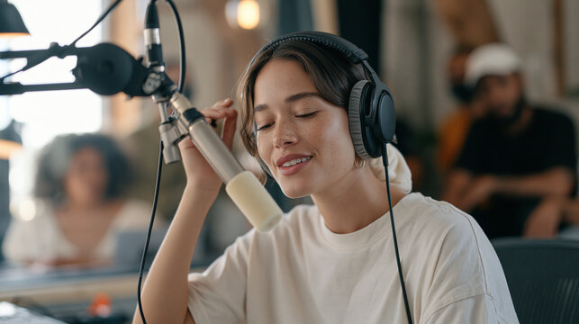 Voice actor in a quiet countryside recording booth constructed in a converted barn, a multicultural group of audio producers visible through the glass observing a session, real