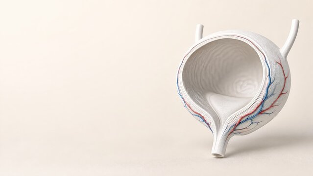 Matte white porcelain anatomical model showing internal cross section of the human bladder mucosa detrusor