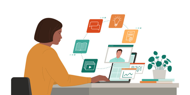 E-learning: young woman taking online classes