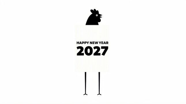 Minimalist rooster silhouette holding a Happy New Year 2027 sign. Black and white vector illustration for Chinese zodiac celebration. Graphic design for holiday greetings and festive marketing.