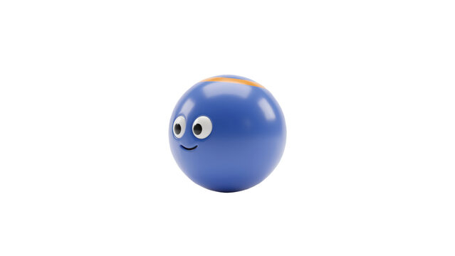 A smooth blue spherical character with large white eyes and a small smiling mouth facing to the left side isolated on a transparent background