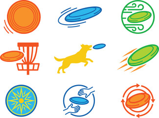 Fototapeta premium Flying Disc and Disc Golf Vector Icon Set with Target Basket, Catching Dog, and Motion Lines for Ultimate Frisbee Tournament Banners and Summer Outdoor Sports Graphic Designs