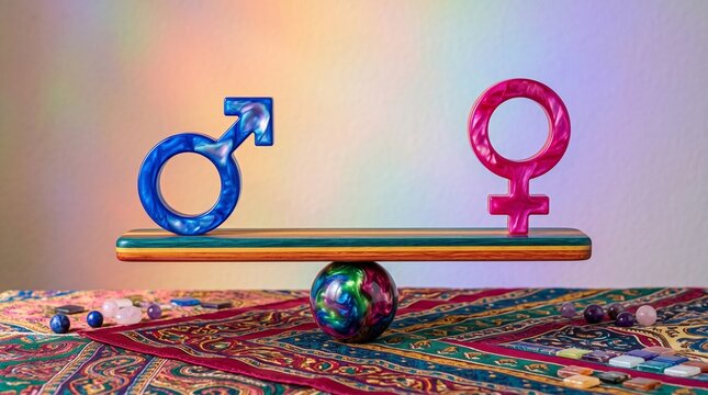 Blue male and pink female gender symbols balanced on a wooden seesaw, set on a patterned fabric surface with a soft rainbow light background
