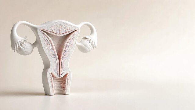 Matte white porcelain anatomical model showing internal cross section of the uterus endometrium myometrium