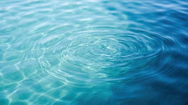 Close-up view of clear blue water surface with gentle concentric ripples spreading outward, capturing the serene texture of liquid movement, sunlight reflections, and natural