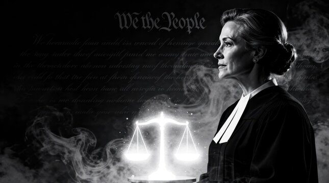 Female judge in profile with glowing scales of justice and constitutional text. Legal professional in judicial robes stands before the US Constitution preamble. Law and order concept for advocacy.