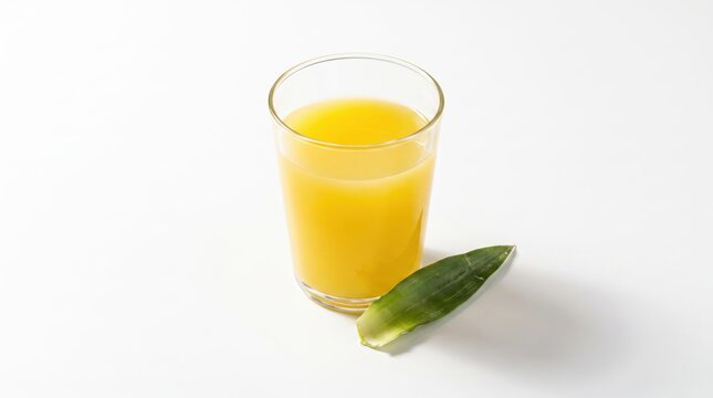 Fresh organic orange juice or aloe vera drink in clear glass with green leaf garnish on white, representing healthy lifestyle, natural nutrition, vitamin C supplement
