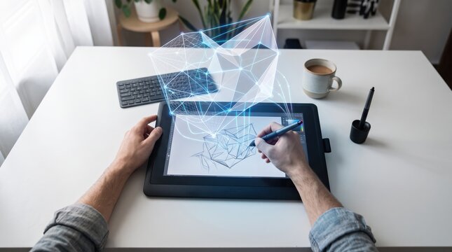 Graphic designer drawing 3D wireframe cube hologram on digital tablet, creative workspace with coffee cup, augmented reality design process, architectural visualization