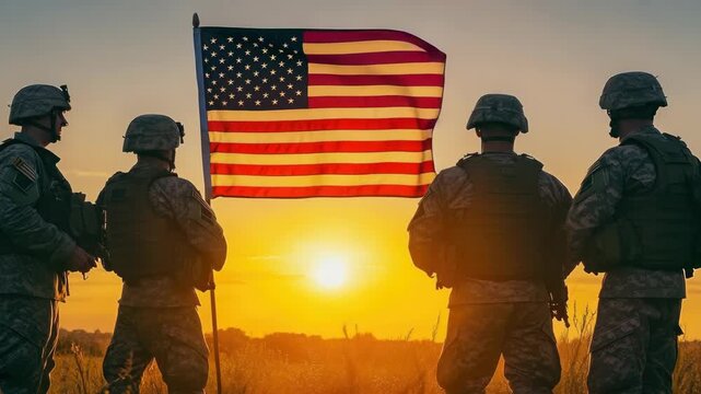 American Soldiers Standing with United States Flag at Sunset