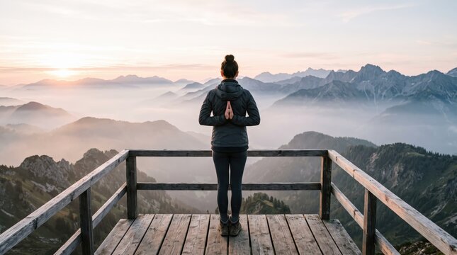 Woman standing on wooden viewpoint meditating with hands in prayer position overlooking misty mountain range at sunrise, representing mindfulness, inner peace, yoga practice