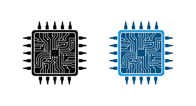 Computer Processor Chip Circuit Board Technology Icon Set, CPU Microchip and Semiconductor Linear Vector Illustration