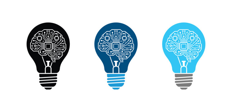 Artificial Intelligence Light Bulb Technology Icon Set, Smart Brain Circuit Innovation and Machine Learning Idea Vector Symbol