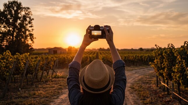 Person holding camera capturing beautiful sunset over vineyard rows, travel photography lifestyle, golden hour lighting in rural countryside, tourist taking picture of landscape