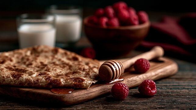 Freshly baked flatbread served with raspberries honey dipper glasses of milk flatbread