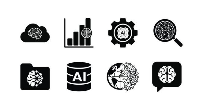 Artificial Intelligence and Machine Learning Technology Glyph Icon Set, AI Brain, Neural Network, Data Analytics and Smart Computing Symbols