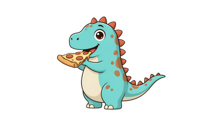 Fototapeta premium Cute cartoon blue dinosaur eating a slice of pepperoni pizza isolated on a transparent background