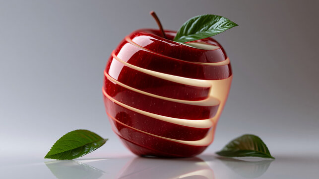 Red sculpture with carved spiral layers and green leaves on a reflective surface