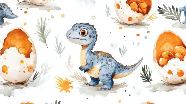 baby dinosaur hatching from eggs seamless pattern, watercolor, white background