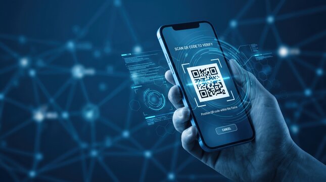 Hand holding smartphone scanning QR code for digital verification and security access, futuristic technology with holographic interface overlay, mobile authentication, cyber safety