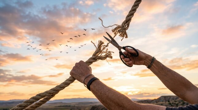 Hands using scissors to cut a thick rope against a dramatic sunset sky with flying birds, symbolizing freedom, liberation, breaking barriers, ending relationships, divorce