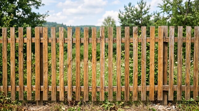Rustic wooden picket fence standing in a lush green meadow with trees and hills in the under a blue sky with clouds, representing rural countryside life, property boundaries