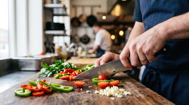 Professional chef cutting fresh red peppers and tomatoes on rustic wooden board in busy commercial kitchen, culinary arts preparation, healthy organic food ingredients