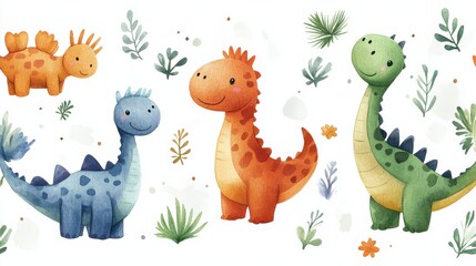 Naklejka premium cute dinosaur seamless pattern, watercolor style, white background