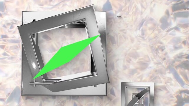 Futuristic Metallic Silver Cube Green Screen Frame Display with Crystal Ice Background