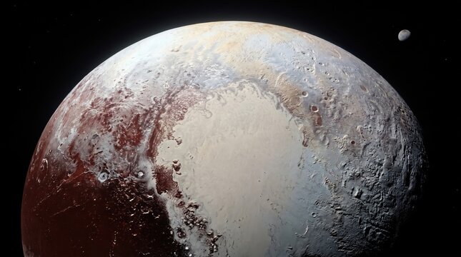 Dwarf planet Pluto showing icy surface details and satellite Charon in deep space. Concept of solar system, astronomy, universe, cosmos, outer space.