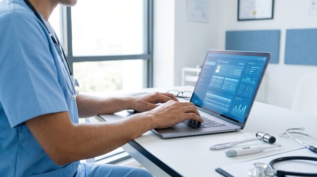 Doctor in blue scrubs using laptop with medical software interface showing patient records and health data analytics. Digital healthcare, telemedicine, electronic medical records