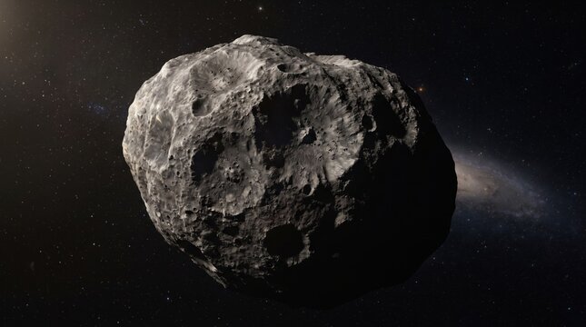 Large rocky asteroid floating in deep outer space with craters and distant galaxy background. Concept of meteor, rock, astronomy, cosmos, meteorite, comet, universe. Copy space.