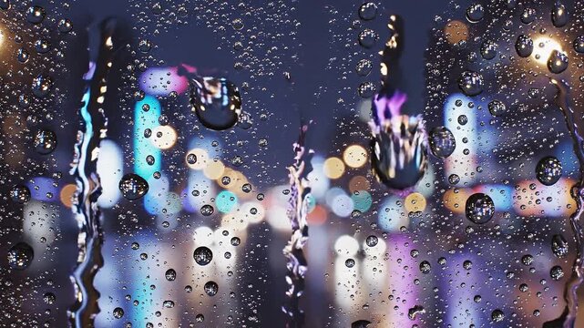 Macro Rain Drops on Glass with Cinematic Neon City Bokeh