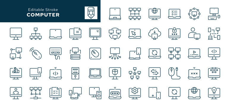 Computer and laptop outline icons set. Network, setup, media connection and components. Line icon in linear style. Vector collection
