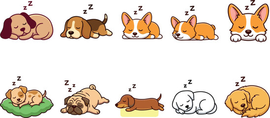 Fototapeta premium Cute sleeping puppy character set with different dog breeds like corgi and pug vector illustration