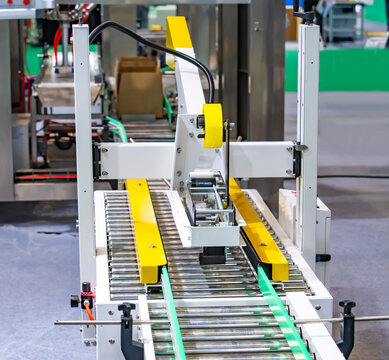 production line with automatic conveyor belt, industry track.