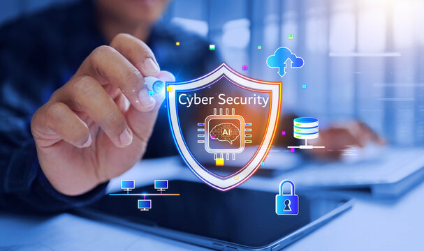 Ai cyber security concept with a programmer working protection shield represents safety operation for cloud data servers and company internet system
