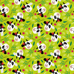 Fototapeta premium Green hand drawn seamless pattern with cows. Easter pattern