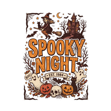 Vintage Spooky Night Est. 1984 Halloween T-shirt Graphic with Witch, Haunted House, and Pumpkins Suitable for clothing brand, merchandise, poster, and retro Halloween logo