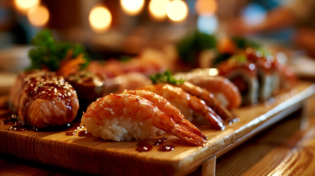 Fresh sushi rolls and shrimp nigiri served on a wooden board at a restaurant with japanese foo