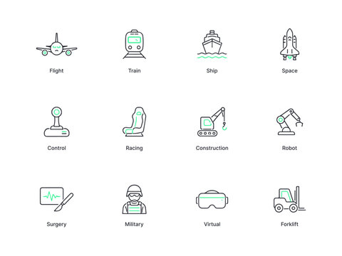 Set of modern technology and transport icons including airplane train ship space shuttle control racing construction robot surgery military virtual