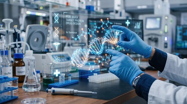 Scientist manipulating 3D DNA molecule structure via holographic interface in modern laboratory, genetic engineering research, biotechnology innovation, drug design process