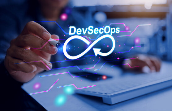 Software developer dev sec ops concept with programmer developing and operations the technology to applied in data analysis