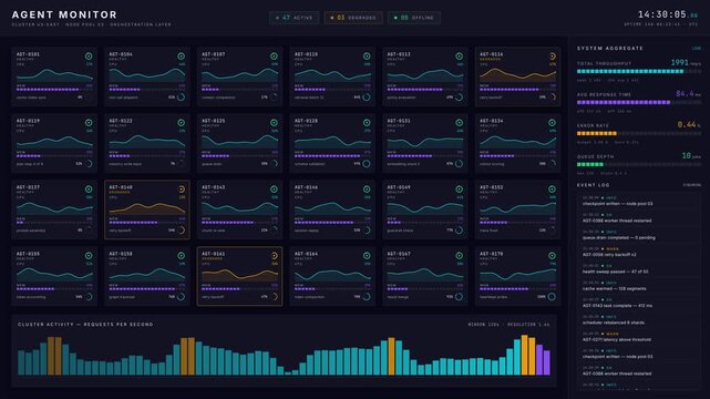 Real-time AI agent monitoring dashboard displaying 47 active, 3 degraded, and 0 offline agents in a sleek 6x4 grid layout with cyan, amber, and green status indicators.